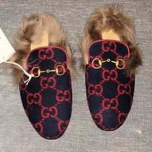 Gucci Women Blue Red & Wool GG Monogram Fur Princetown Mule Slippers 35